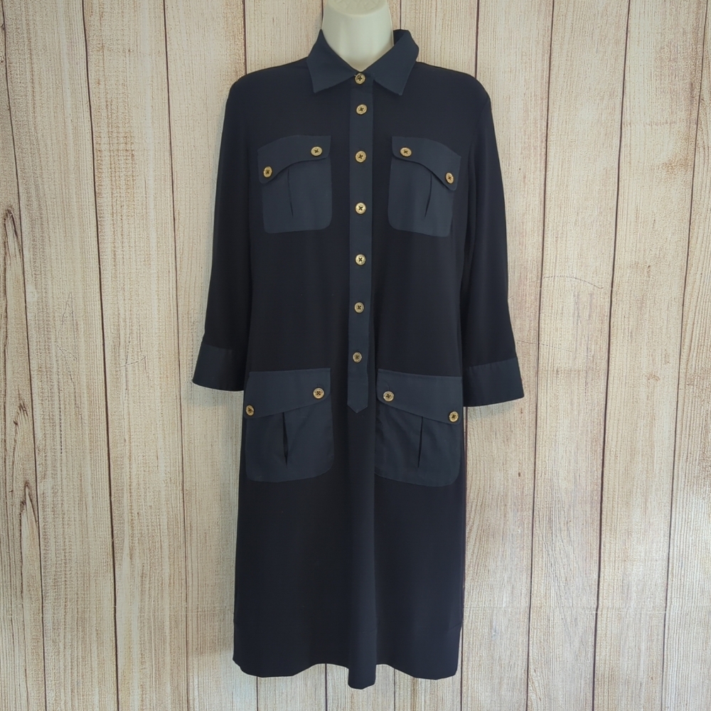 Lauren Ralph Lauren Black Sheath Dress Gold Logo  Buttons Size 6
